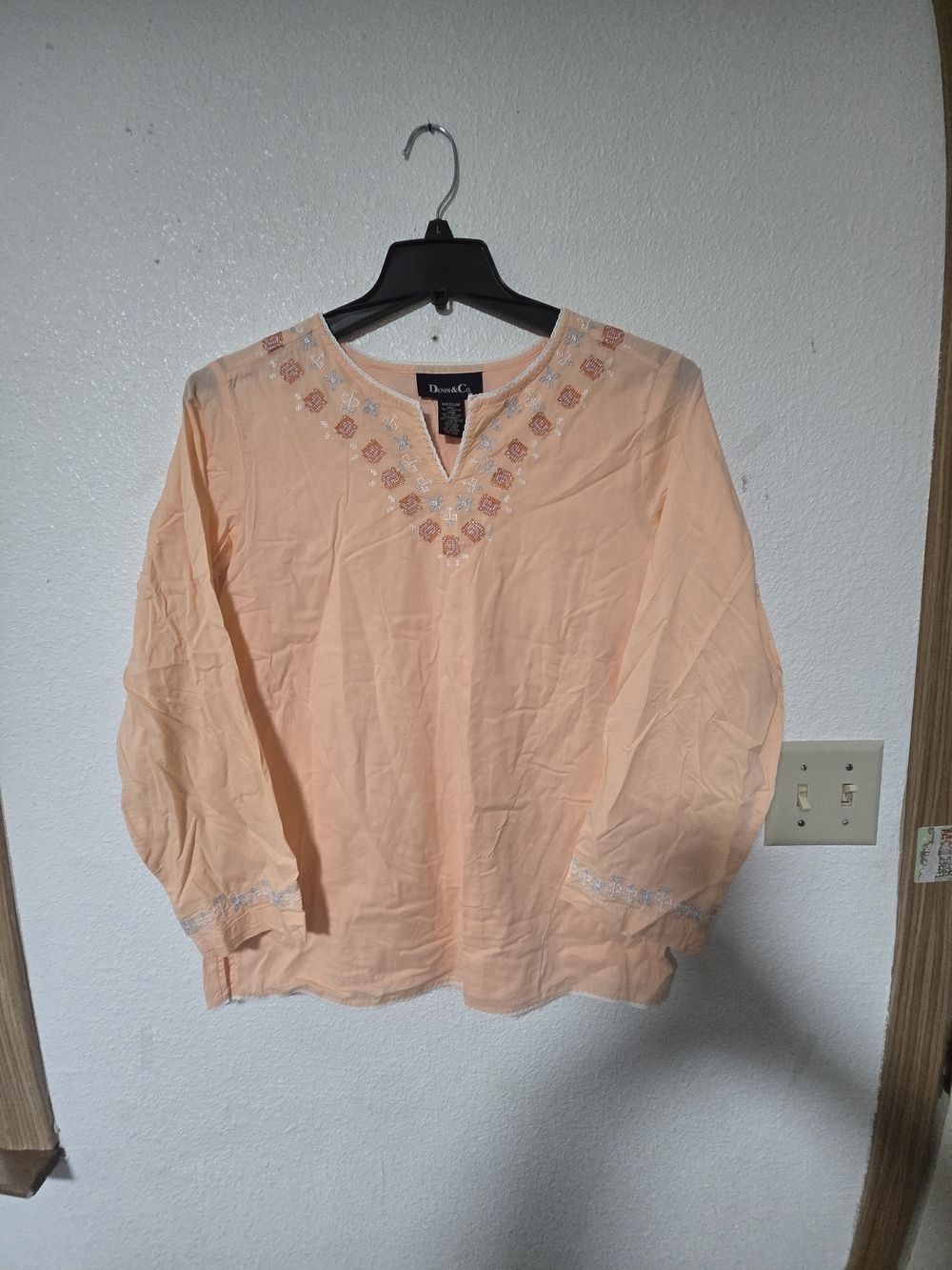 Denim&Co Peach Embroidered V-Neck Tunic